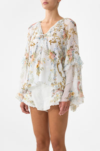 Camilla Lace Up V Neck Blouse With Cascade Ruffles - Seville Sweetheart