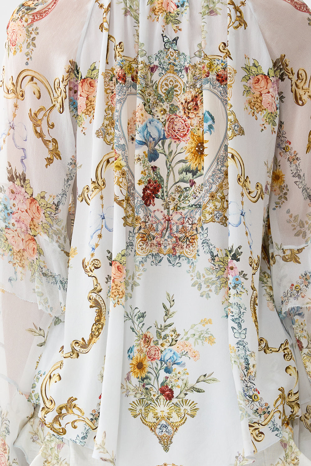 Camilla Lace Up V Neck Blouse With Cascade Ruffles - Seville Sweetheart