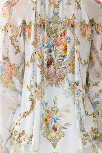 Camilla Lace Up V Neck Blouse With Cascade Ruffles - Seville Sweetheart