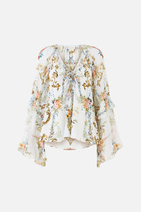 Camilla Lace Up V Neck Blouse With Cascade Ruffles - Seville Sweetheart