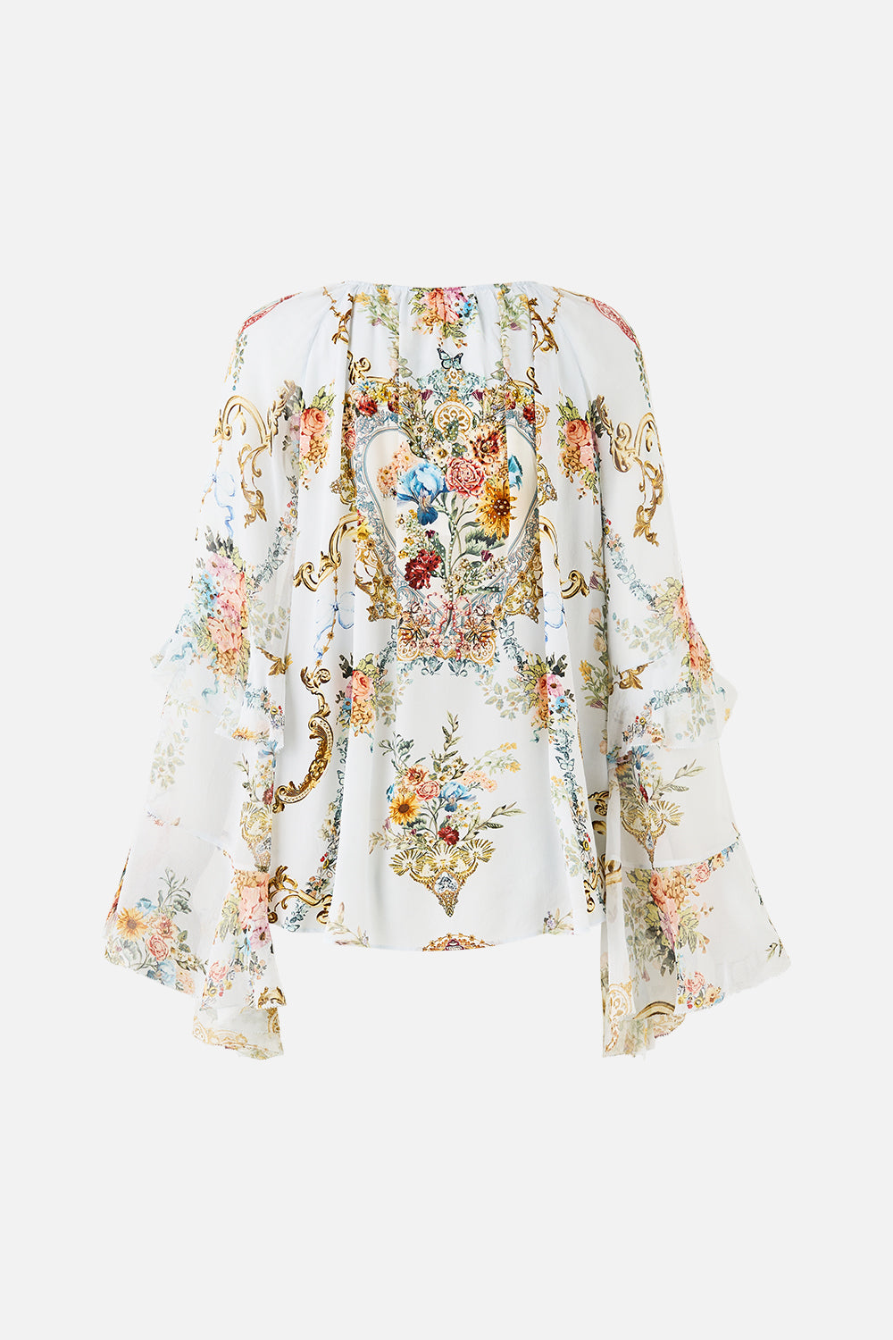 Camilla Lace Up V Neck Blouse With Cascade Ruffles - Seville Sweetheart