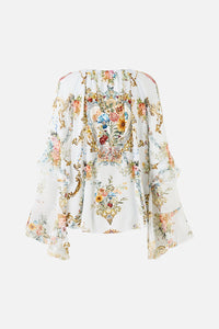 Camilla Lace Up V Neck Blouse With Cascade Ruffles - Seville Sweetheart