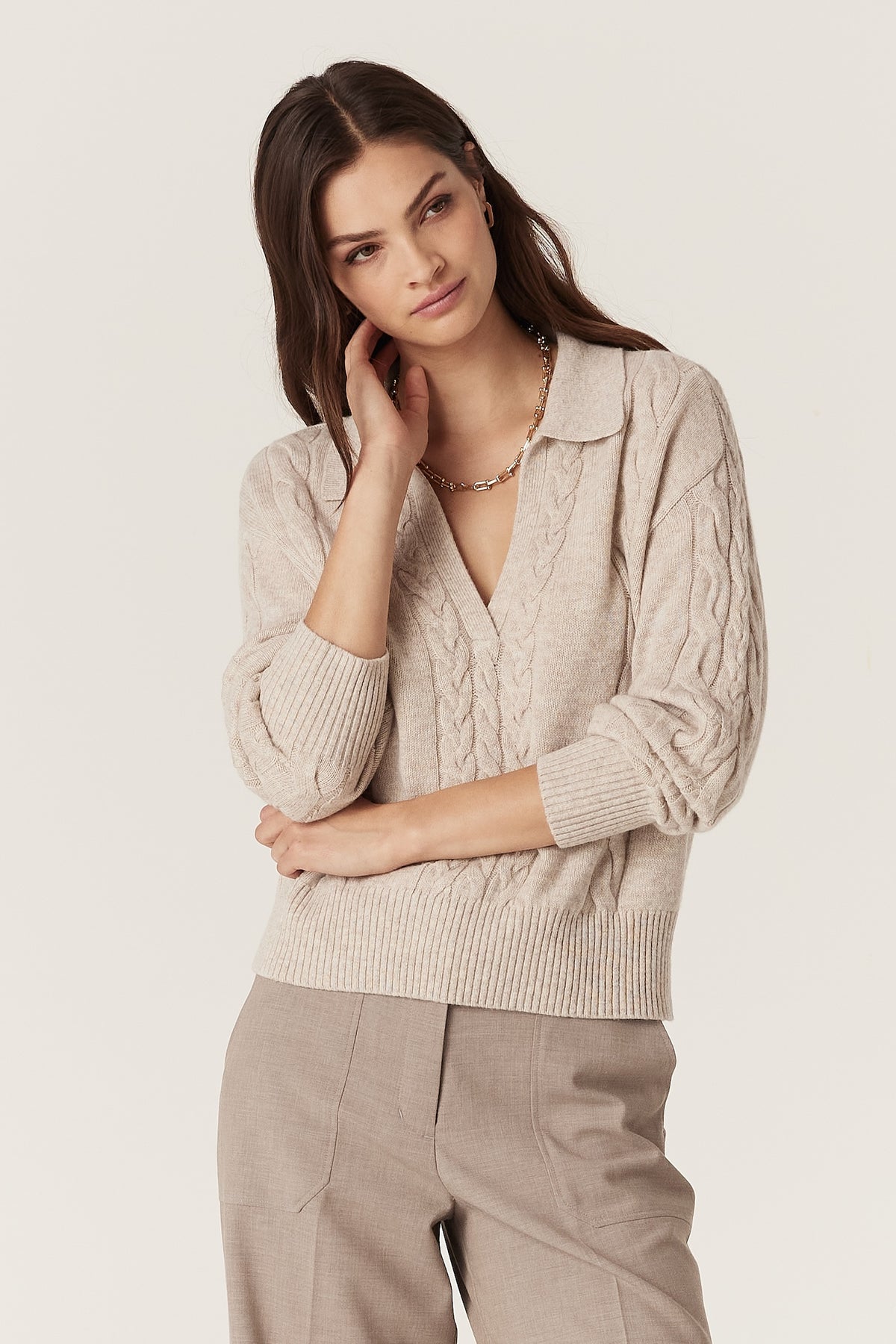 Cable Cashwool Cable Polo Jumper - Sand