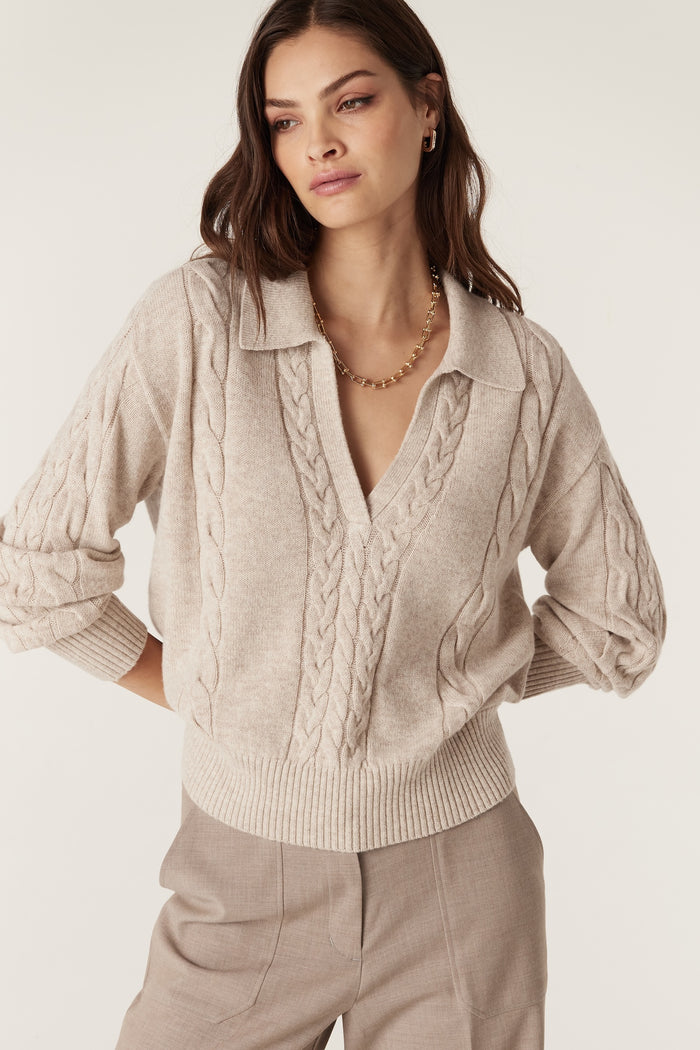 Cable Cashwool Cable Polo Jumper - Sand