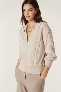 Cable Cashwool Cable Polo Jumper - Sand