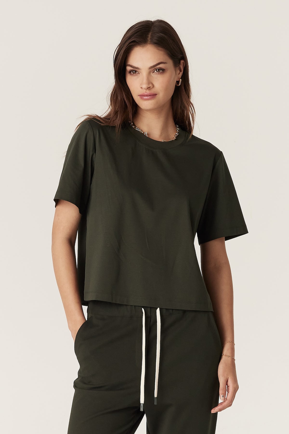 Cable Pima Boxy Tee - Forest Green