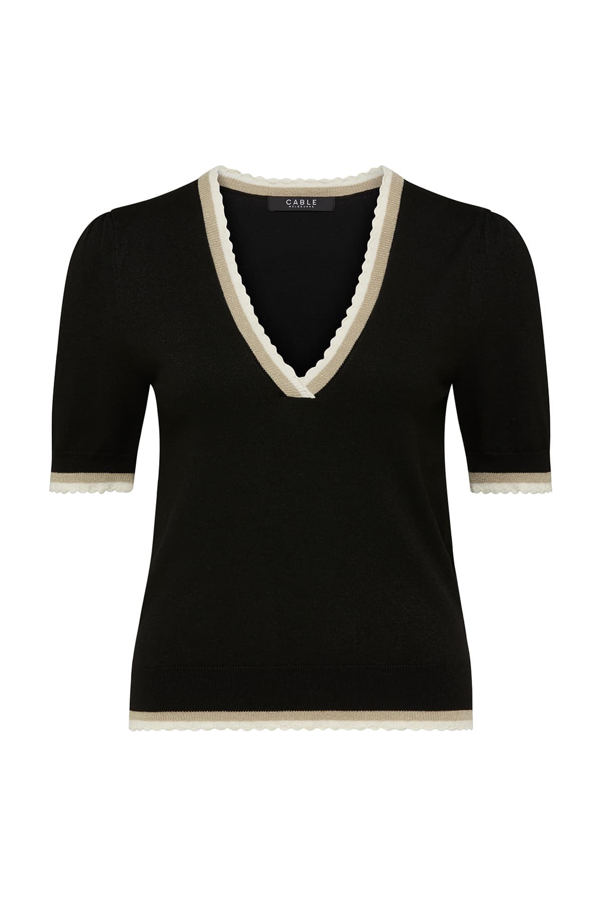 CABLE JOELLE SCALLOP KNIT TOP  - BLACK