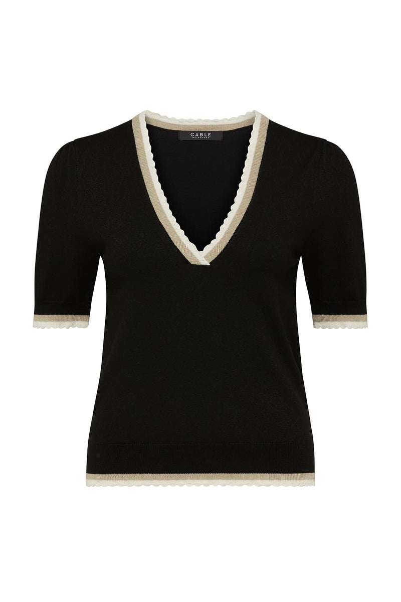 CABLE JOELLE SCALLOP KNIT TOP  - BLACK