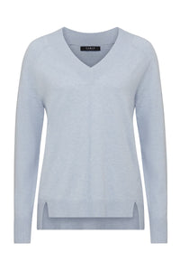 CABLE COTTON CASHMERE V NECK JUMPER - PALE BLUE