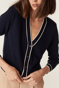 Cable Cashwool Contrast V Cardigan – Navy