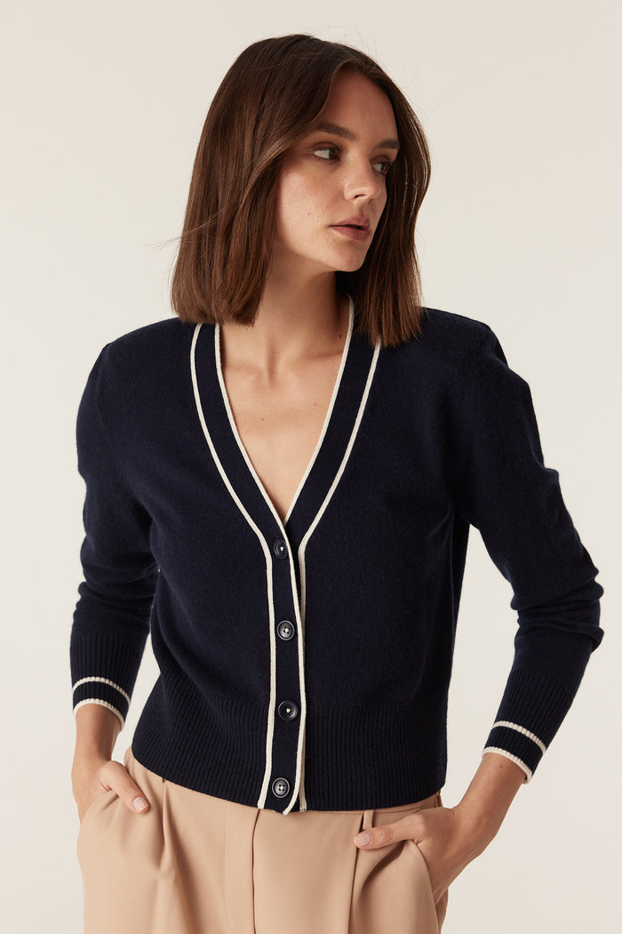 Cable Cashwool Contrast V Cardigan – Navy
