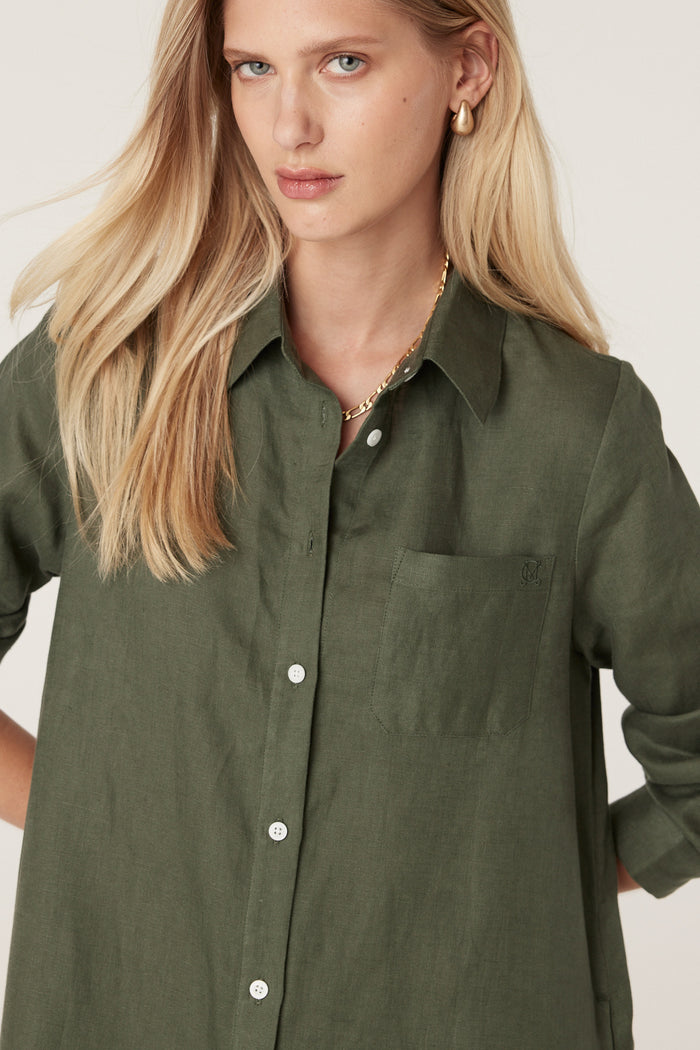 Cable Pure Linen Shirt Dress - Khaki
