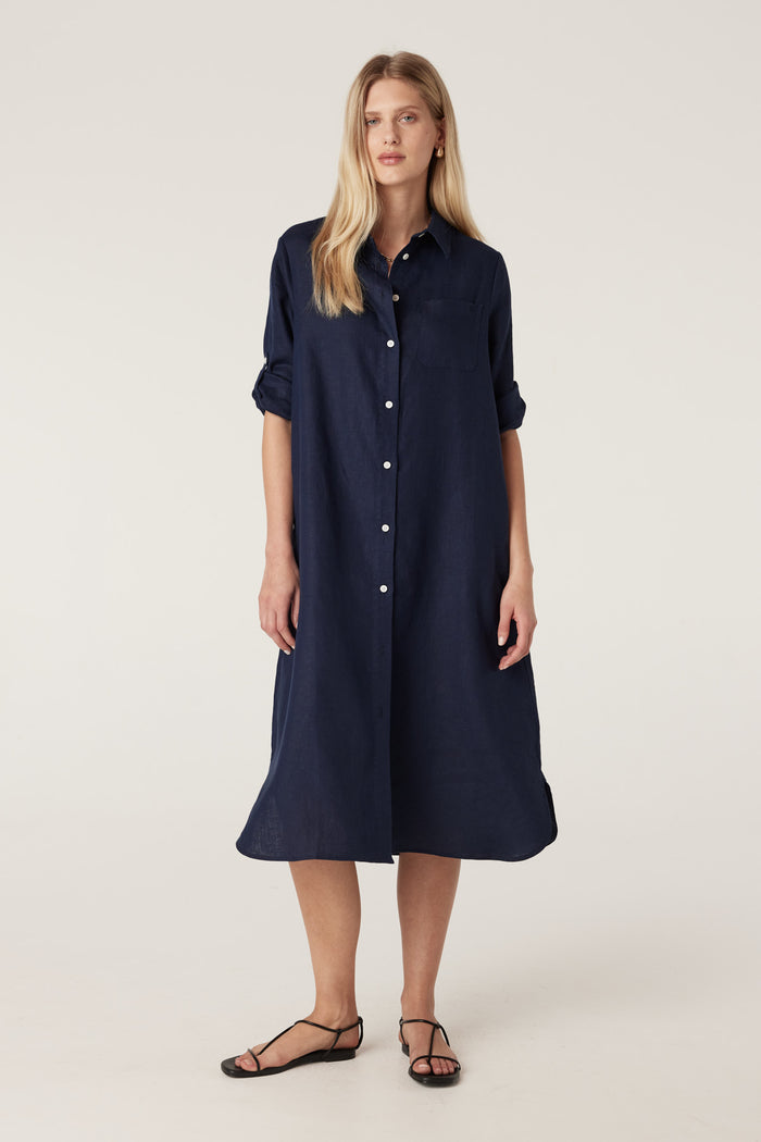Cable Pure Linen Shirt Dress - Navy