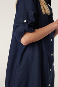 Cable Pure Linen Shirt Dress - Navy