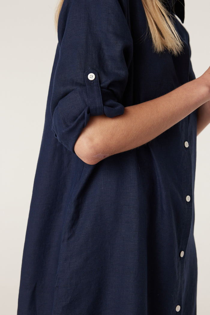 Cable Pure Linen Shirt Dress - Navy