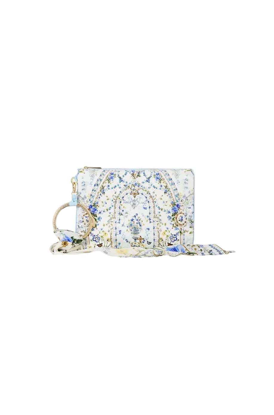 A small rectangular handbag with an ornate blue, gold, and white filigree pattern, featuring a gold-tone ring handle and a matching patterned scarf-style shoulder strap, shown on a plain white background.