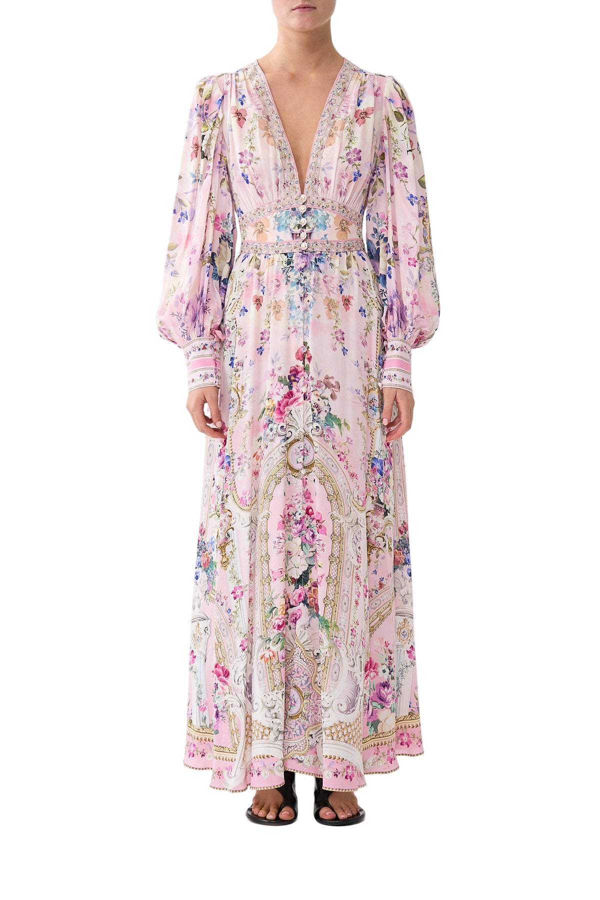 Camilla Shaped Waistband Dress With Gathered Sleeves - Palatial Pastels