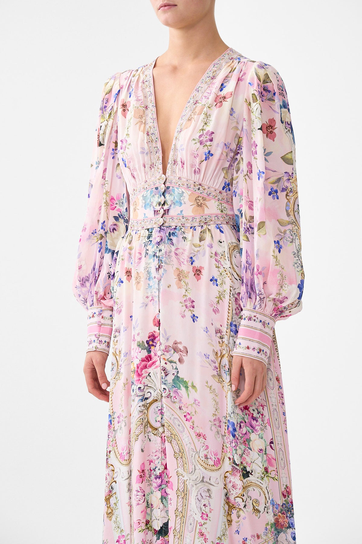 Camilla Shaped Waistband Dress With Gathered Sleeves - Palatial Pastels