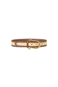 A studded brown leather belt with a beige woven center stripe and gold-tone buckle, shown on a light gray background.