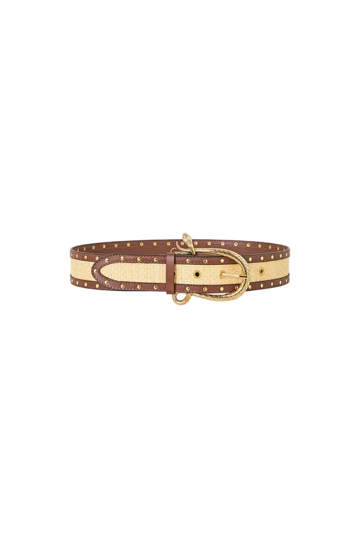 A studded brown leather belt with a beige woven center stripe and gold-tone buckle, shown on a light gray background.