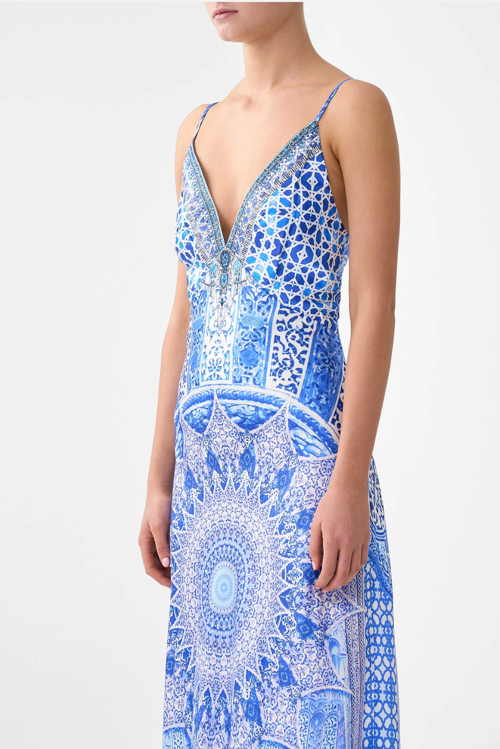 Camilla V-Neck Long Bias Slip Dress With Train - The Bosphorous