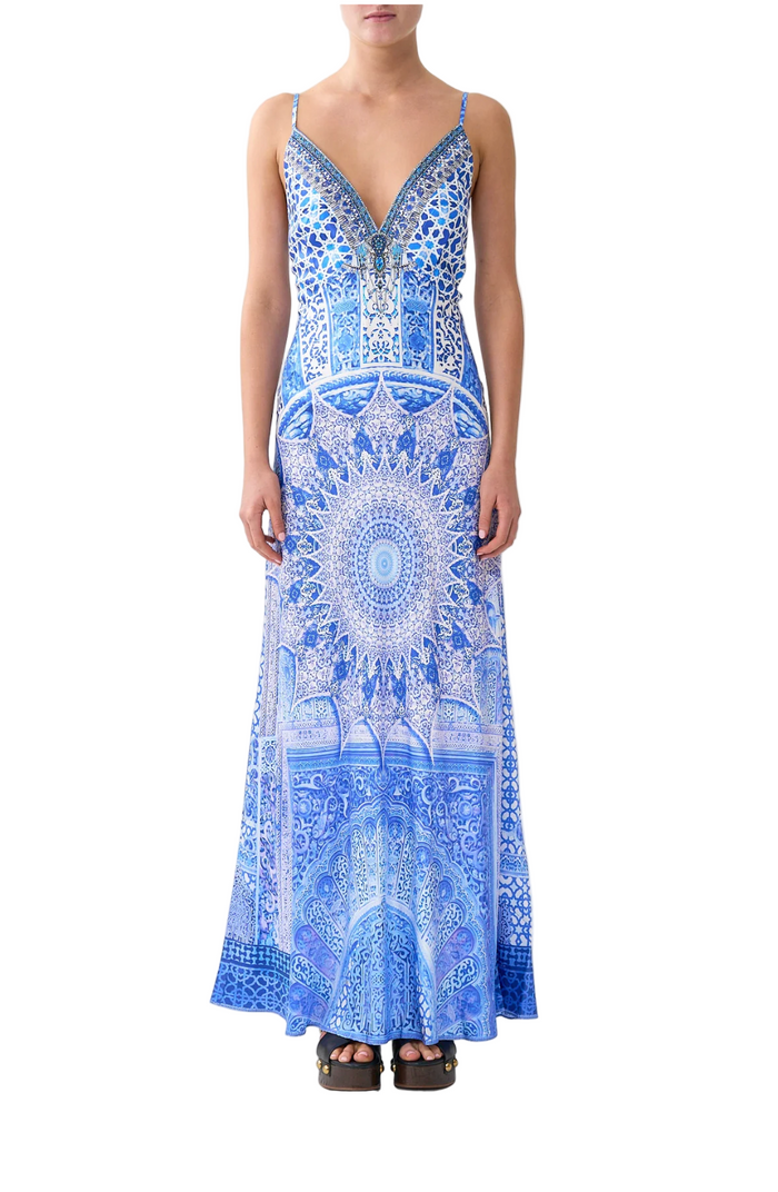 Camilla V-Neck Long Bias Slip Dress With Train - The Bosphorous