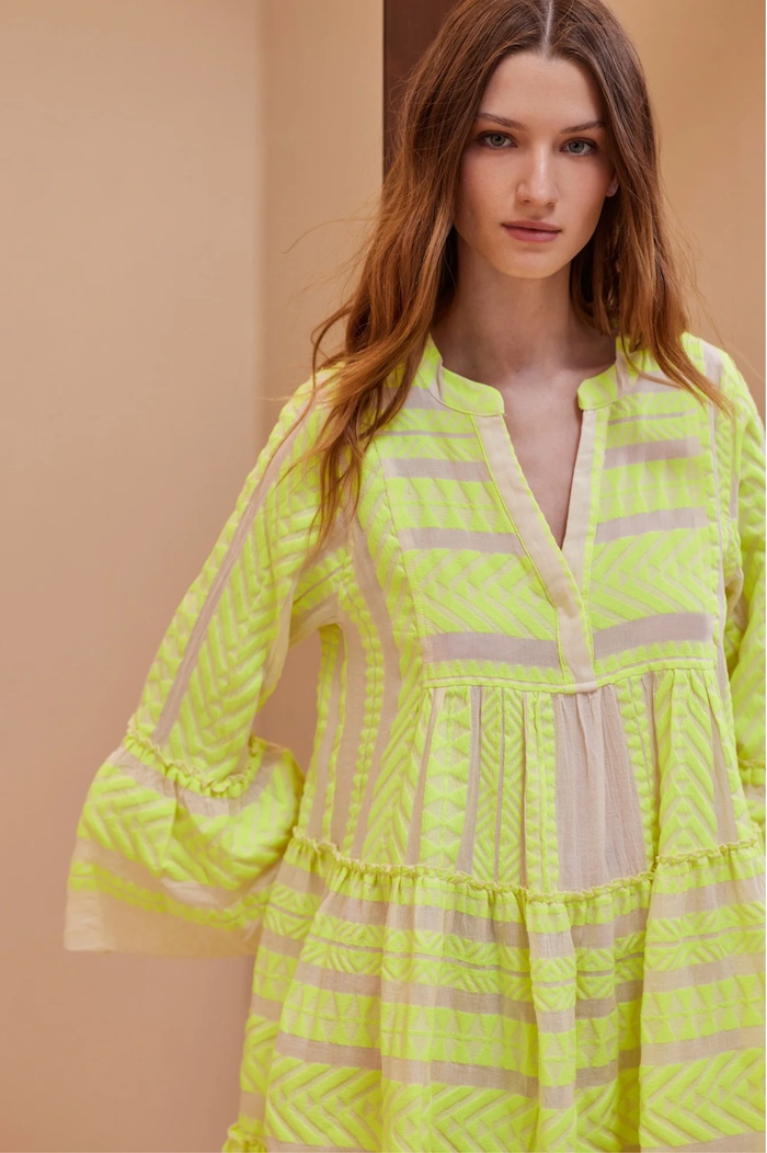 Devotion Twins Ella Midi Dress - Neon Lime/Off White