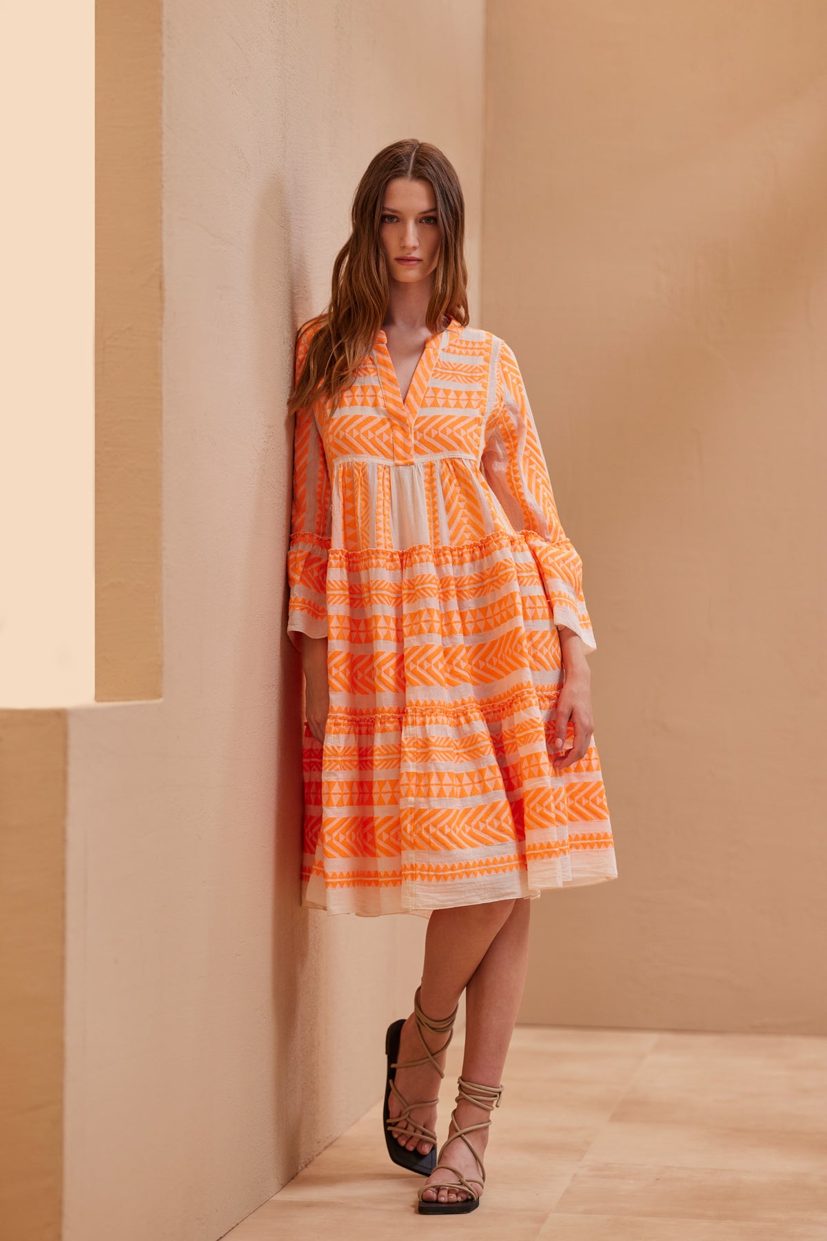 Devotion Twins Ella Midi Dress - Neon Orange/Off White Escape Devotion Twins Ella Midi Dress - Neon Orange/Off White Escape