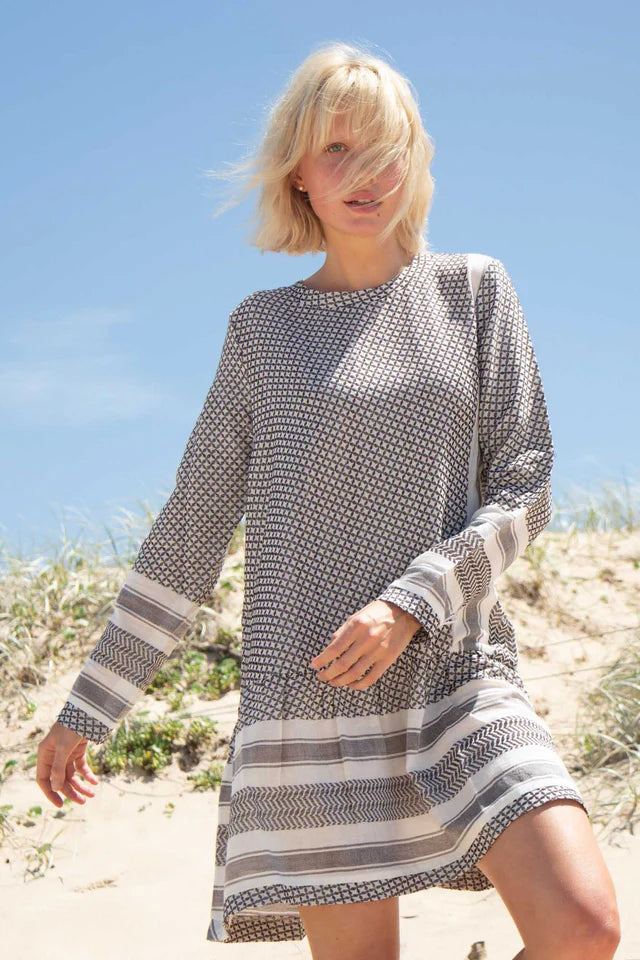 Summery Copenhagen Dress 2 O Neck Long Sleeve - Whisper White & Java