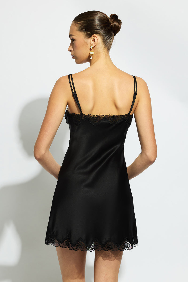 Ginia Silk Chemise  With Pintucks - Black