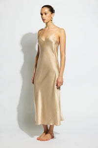 Ginia Silk Long Night V Neck - Mink