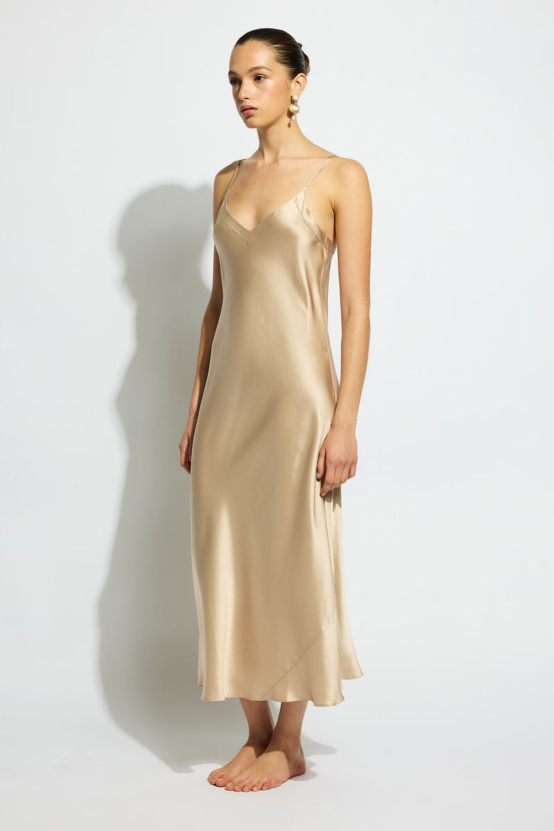 Ginia Silk Long Night V Neck - Mink