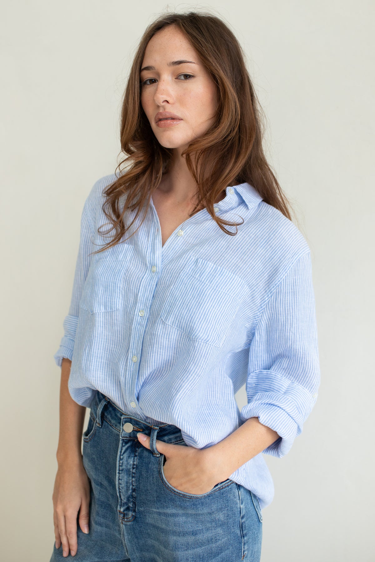 Hut The Boyfriend Linen Shirt - Baby Blue Stripe