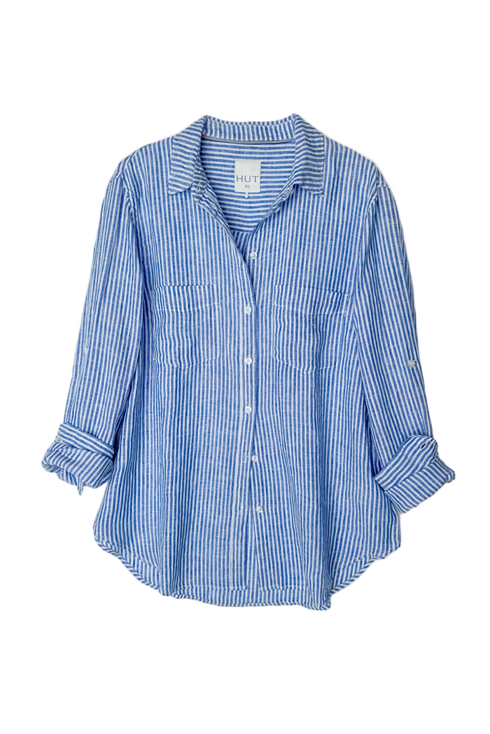 Hut The Boyfriend Linen Shirt - Electric Blue Stripe