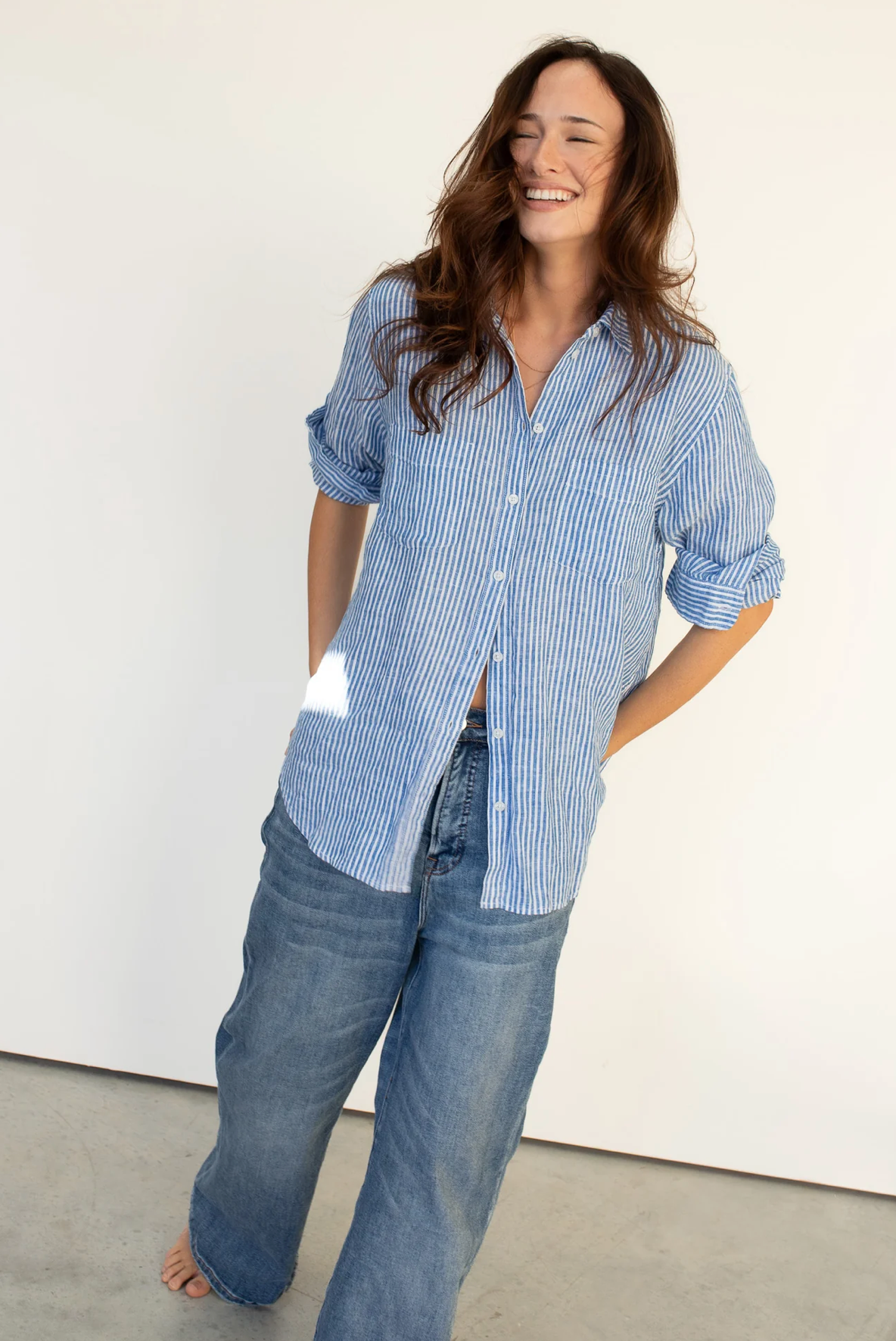 Hut The Boyfriend Linen Shirt - Electric Blue Stripe