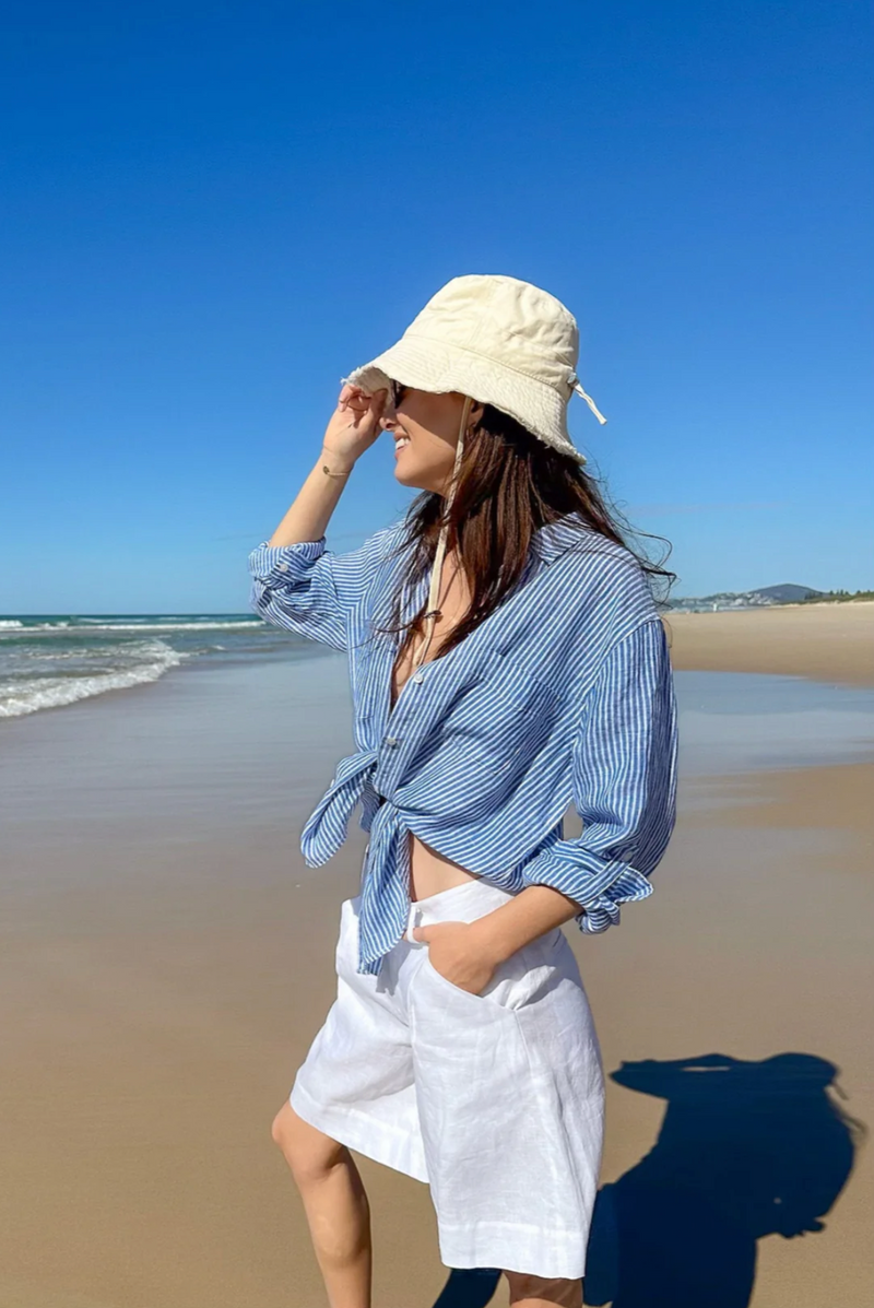 Hut The Boyfriend Linen Shirt - Electric Blue Stripe