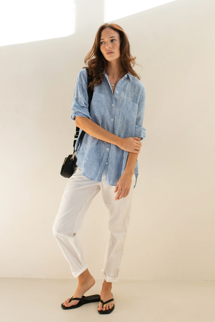 Hut The Boyfriend Linen Shirt - Electric Blue Stripe