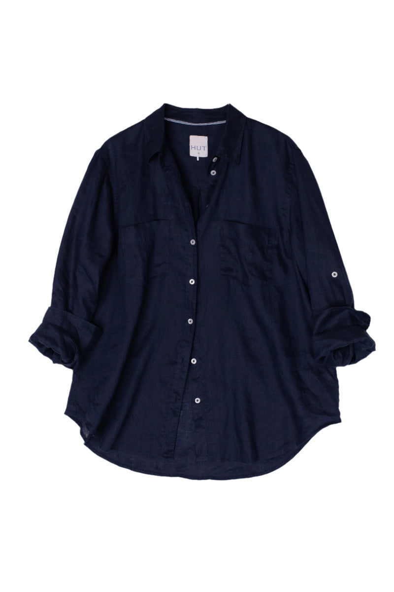 Navy blue button-up linen shirt 