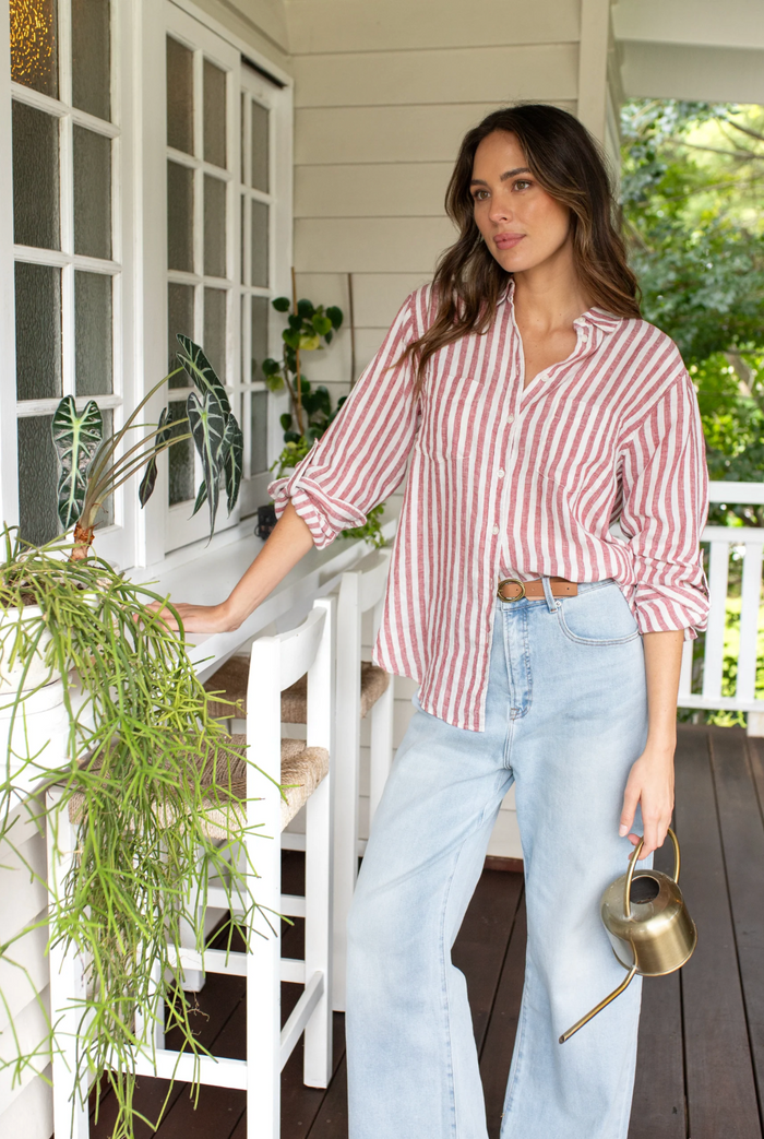 Hut The Boyfriend Linen Shirt - Rhubarb Stripe