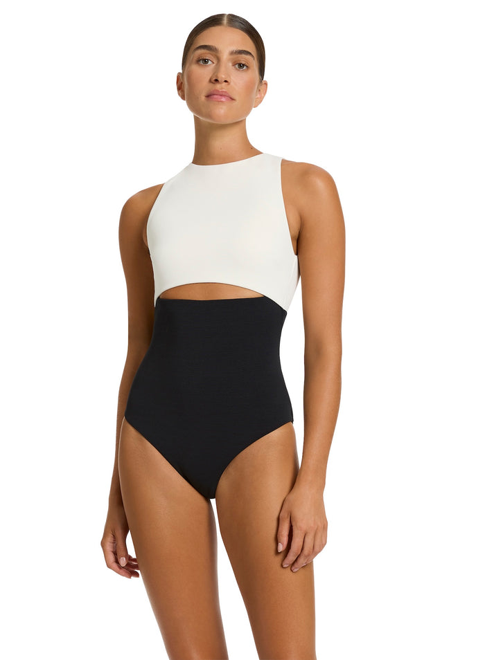 Jets Cut Out High Neck 1 Piece J11404 - Black/Cream