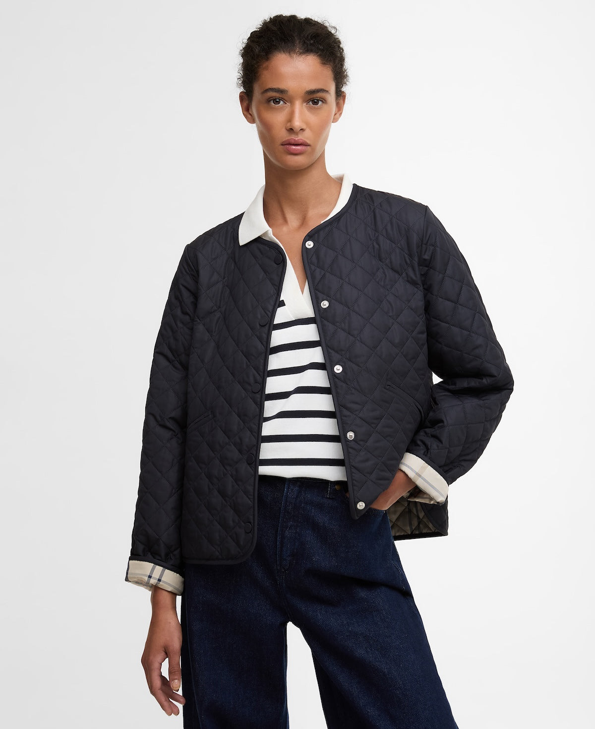 Barbour Cashel Collarless Quilted Jacket - Dark Navy/Dress Navy Tartan
