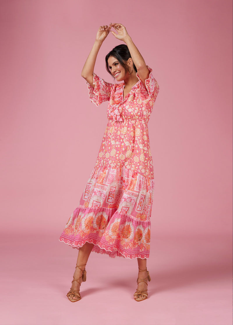 LOOBIES STORY CHANTILLY MIDI DRESS - HOT PINK MULTI -ESCAPE CLOTHING