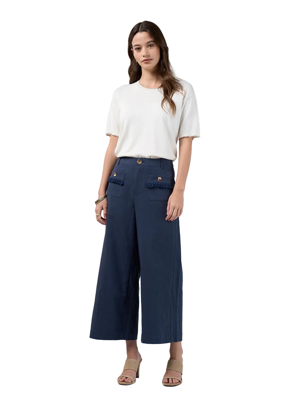 A woman modeling a pair of dark navy blue wide-leg cropped pants with front flap pockets, styled with a white short-sleeve t-shirt and beige heeled sandals against a light gray studio background.