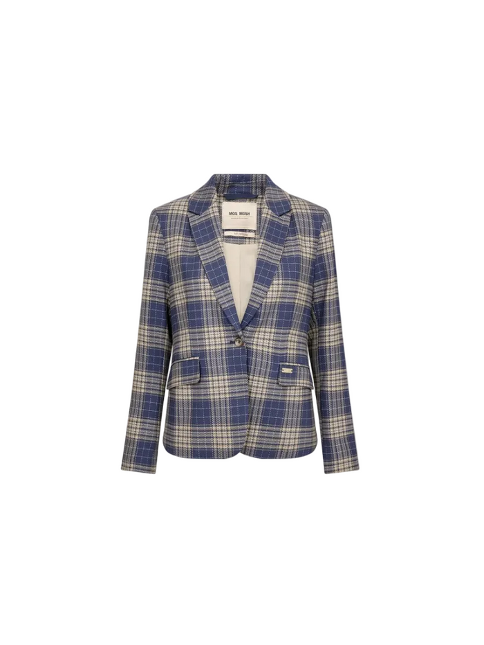 A blue and beige plaid blazer with a single button closure, displayed flat against a solid light beige background.