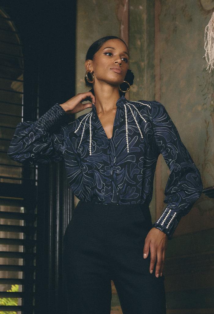 Once Was Adela Placement Embroidered Print Shirt- Altamira