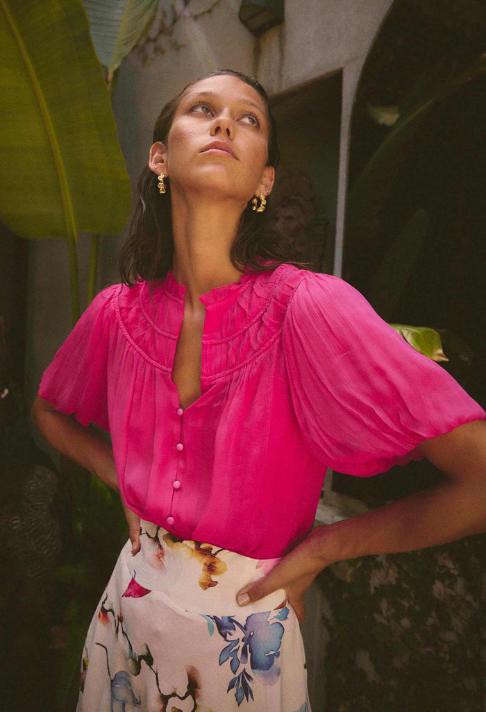 Once Was Selini Braided Neck Detail Viscose Chiffon Blouse - Celosia Pink
