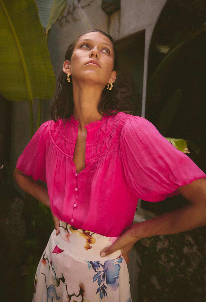Once Was Selini Braided Neck Detail Viscose Chiffon Blouse - Celosia Pink