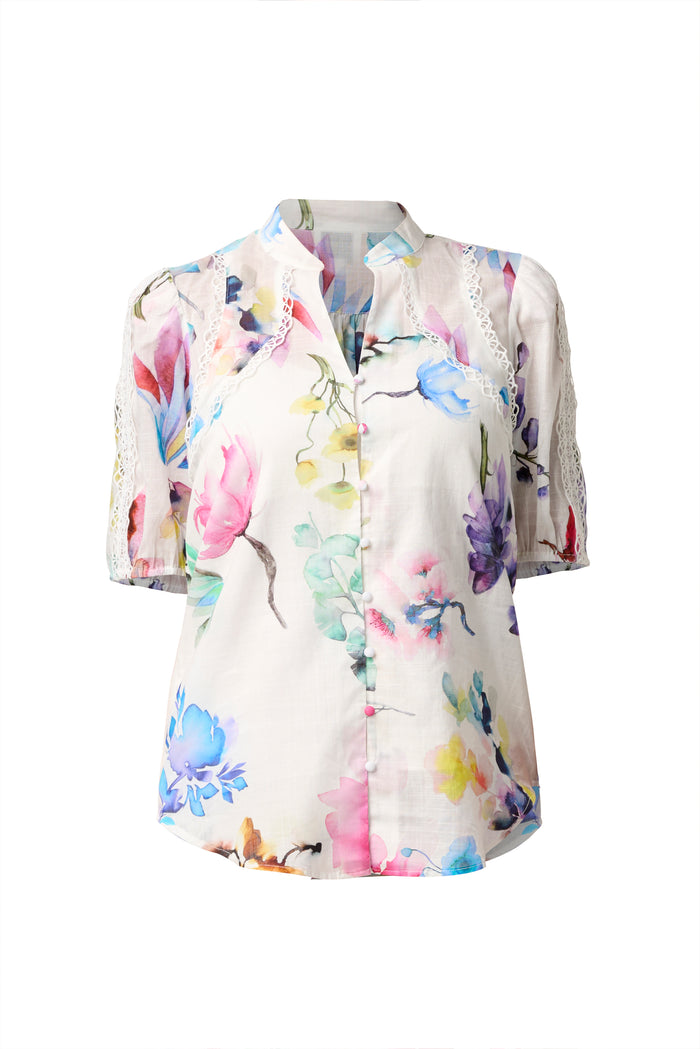 Once Was Thalia Lace Splice Cotton Slub Shirt - Plume Blossom