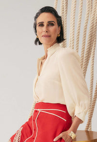 Once Was Chloe Silk Criss Cross Cuffed Shirt - Cloud