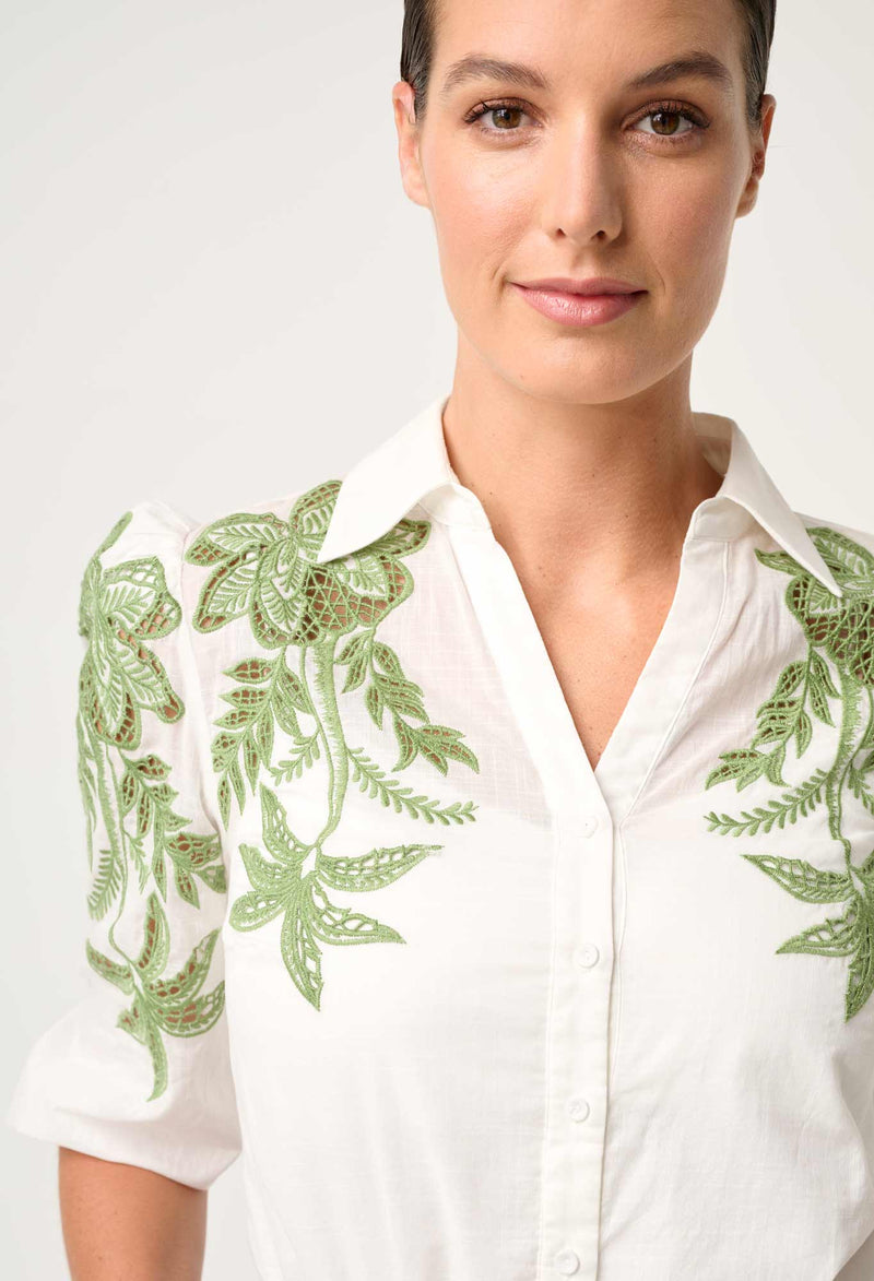 Once Was Callisto Cotton Slub Placement Embroidered Shirt - Ivory
